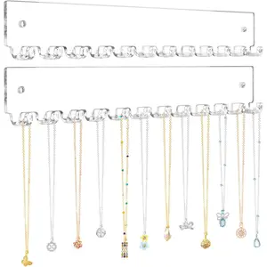Acrylic Necklace Holder 2 Pack Wall Mounted Necklace Organizer Hanging Jewelry Organizer with 12 Hooks for Necklaces, Bracelets, Rings and Bangles Display