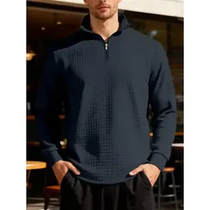 New men's solid color waffle long sleeve knitted pullover hoodie, half zipper stand collar design, autumn and winter season wear, the fabric warm and comfortable, suitable for home leisure and outdoor sports, fashion and simple me