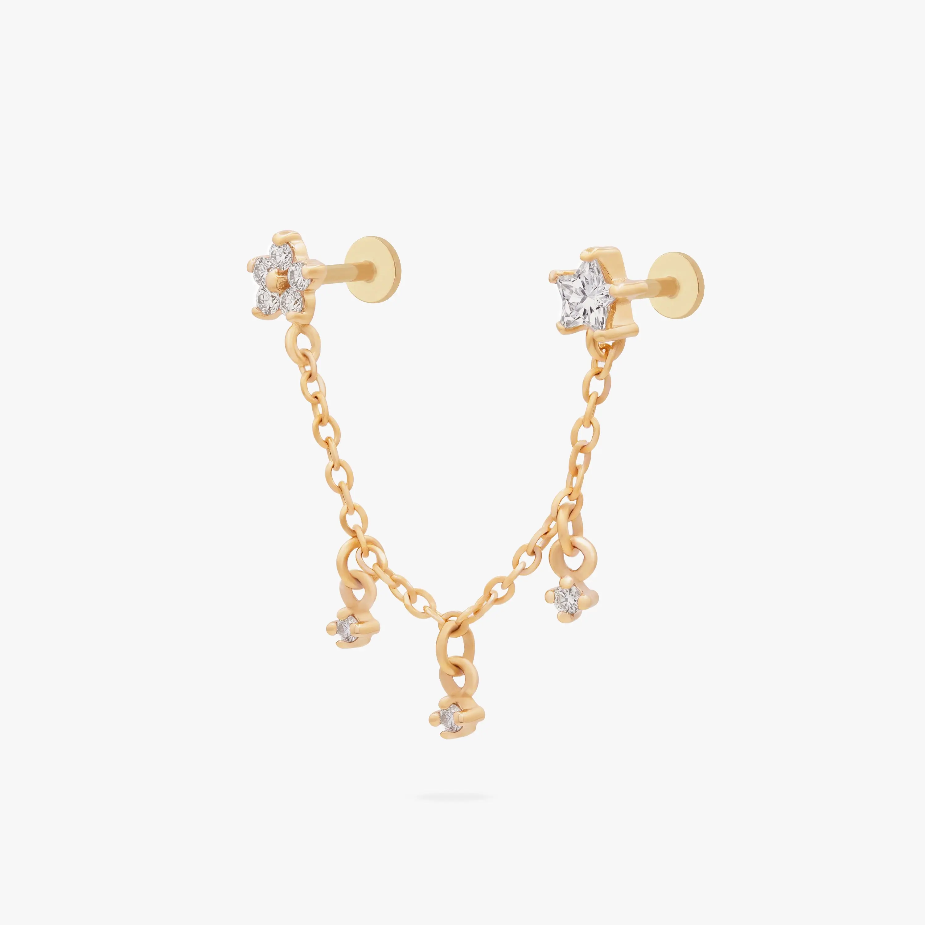 CZ Star Shape Flatback Studs with Draped Chain Connector for Double Piercings, Dangling Accents, 18G