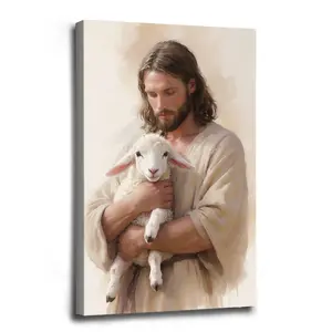 Jesus Good Shepherd Holding Lamb Close-Up Christian Wall Art Intimate Care Theme Warm Soft Vibe Classic Faith Religious Ornaments for All Home Spaces Decor wall poster modern religious decor