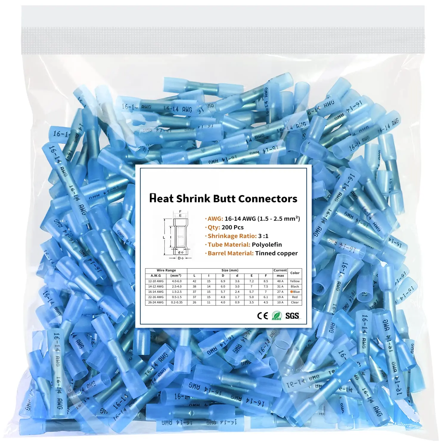 200-Count Durable Reliable Blue Heat Shrink Crimping Terminals, 16 to 14 AWG Tinned Copper Core Electrical Splice Wire Connectors for Marine, Automotive Wiring