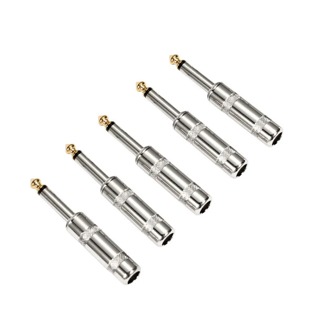 5-Pack Heavy Duty Golden Metal 1/4" TS Mono Male Solder Jack Connectors (6.35mm), DIY Soldering Required (Not Plug-and-Play) for Speaker Cables, with Manufacturer Warranty, Manufacturer Warrenty