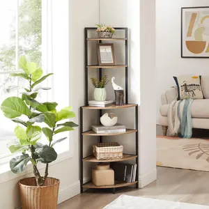 6-Tier Corner Open Shelf Modern Bookcase Wood Rack  Shelving Unit,Plant Album Trinket Sturdy Stand Small Bookshelf Space-Saving for Living Room Home Office Kitchen Small Space Rustic Brown Decor Photo Organiser Wooden