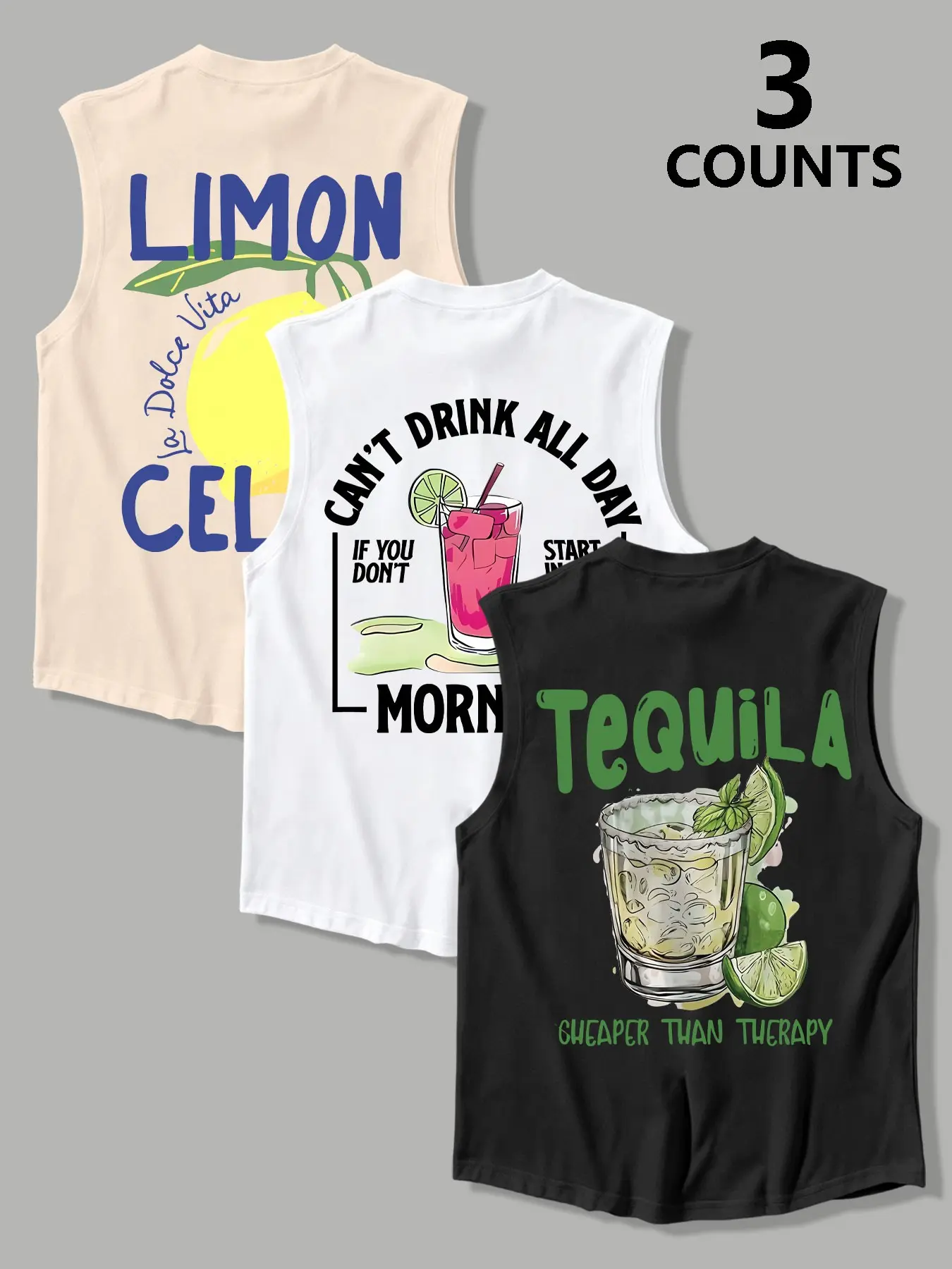 3-Pack American Vintage Print Sleeveless Graphic Tank Tops, Casual Basic Tanks, Summer Breathable Loose-Fit Sporty Wear, Unisex Beach Vacation