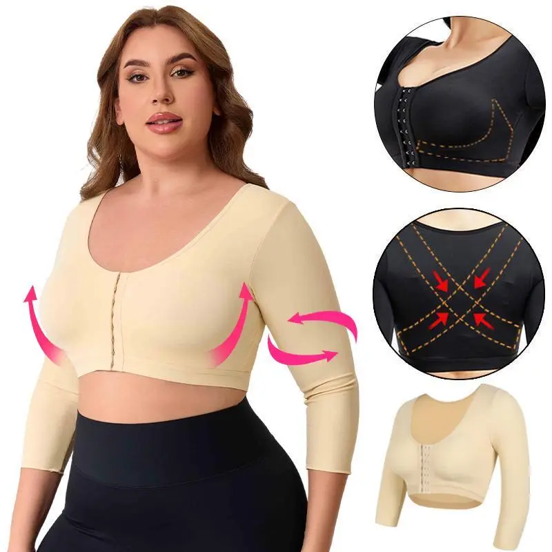 Women's Post-Breast Surgery Compression Upper Arm Shaping Crop Top with Push-Up Bra - 2XL Body Slimming Shapewear, Check