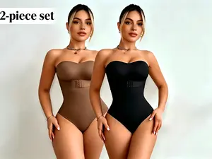Women's Minimalist 2-Piece Strapless Shapewear Bodysuit - Soft Stretchy Seamless Compression Fabric Bottom, Adjustable Basic Tummy Control Body Shaper, Push Up Sports Bra for Everyday Use