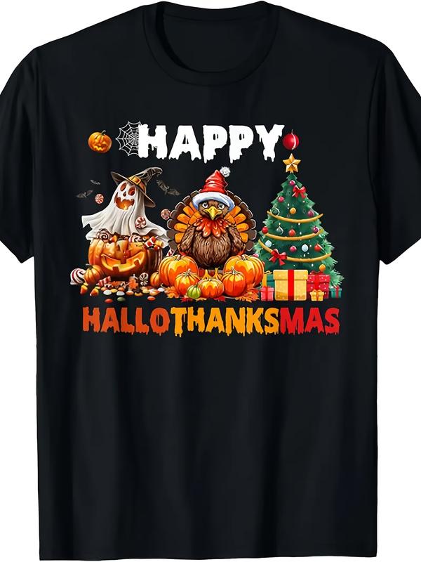Men's Soft Breathable Cotton Crew Neck Short-Sleeve Printed Tee - Witch, Ghost, Turkey, Christmas Tree, Pumpkin Prints, Hallothanksmas Themed Fabric T-Shirt (For Halloween, Thanksgiving)