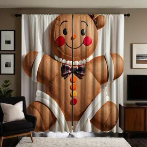 2-Piece Set, High-Definition Gingerbread Man Curtains, Christmas Santa Room Decor, Digital Printed, Washable, Polyester, Rod Pocket, Semi-Transparent, Window Drapes for Living Room, Bedroom, Study,  American Style, All-Season Use