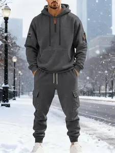 Men's Fall Winter Heavyweight Thick Casual Workwear Set, Warm Fleece Lined Plain Sweatshirt & Pants, Outdoor Commuter Style, Comfortable Fit