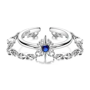 MULA S925 Silver-plated Polaris Adjustable Open Ring with Sapphire Blue CZ - Celestial Moon and Star Links, Exquisite Statement Jewelry, Best Holiday Gift for Girls and Women