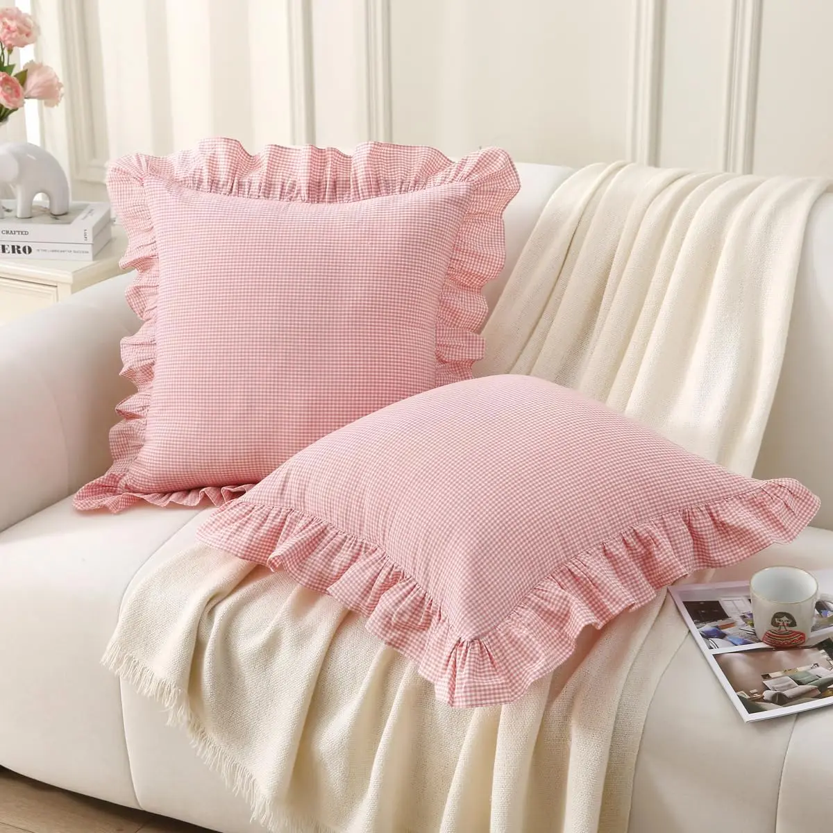 /White Ruffle Plaid Throw Pillow Covers Farmhouse Checkered Gingham18 x18 Pillow Shams Washed   Pillowcases for Couch,Sofa,Bed and Living Room