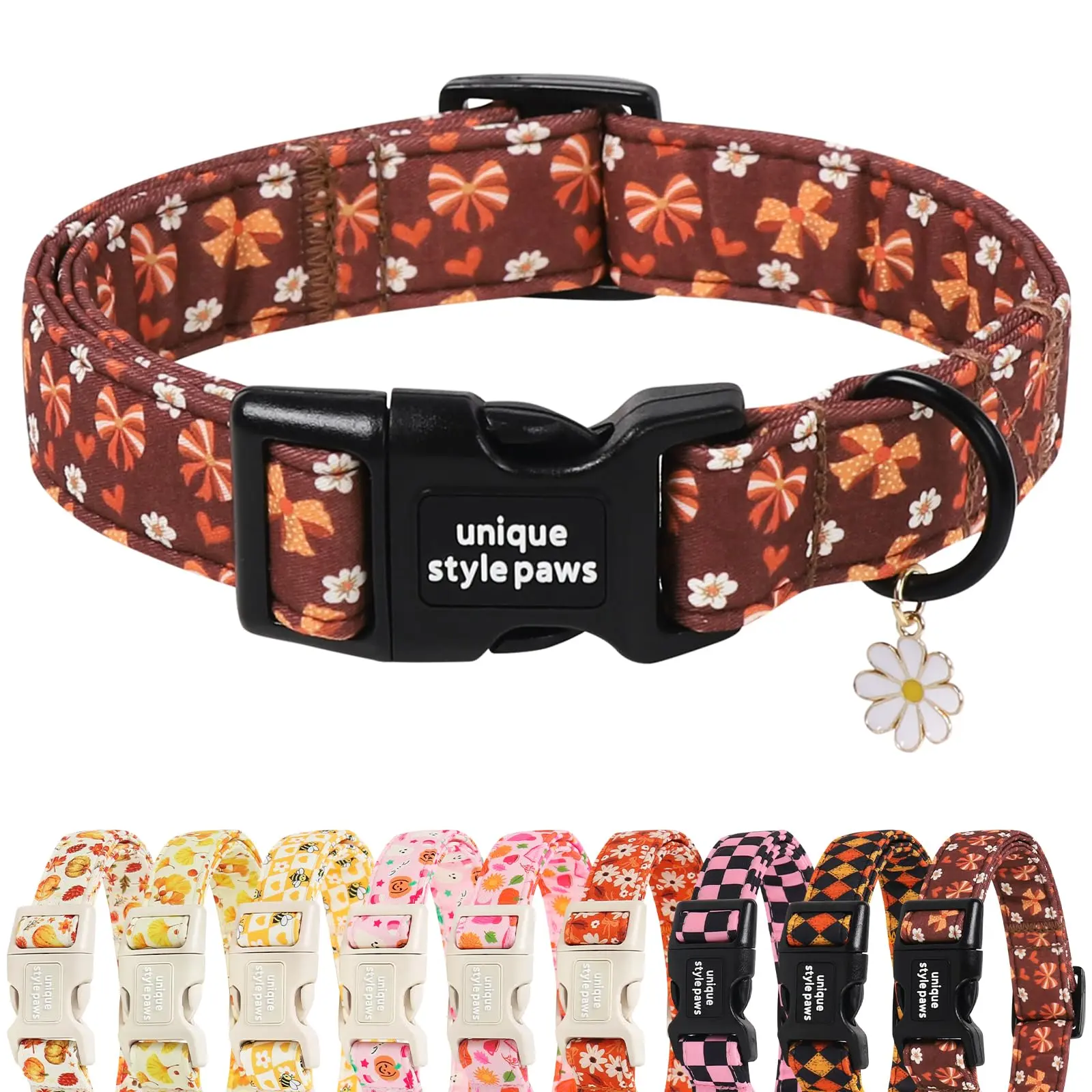 Autumn Flower Dog Collar with Plastic Buckle, Heart Bow Pendant for Small, Medium, Large Dogs