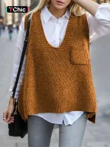 Women's Solid Pocket High Low Hem V Neck Sweater Vest, Casual Sleeveless Jumper Vest for Daily Wear, Ladies Knitwear for All Seasons, Chic Elegant Vest, Versatile Style, Simple Style, Soft Material, Fashion Forward