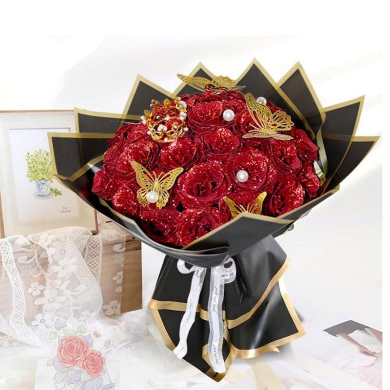 DIY Glitter Roses Bouquet, DIY Fake Glitter Flowers Bouquet, Shiny Artificial Roses Bouquet, Ornaments, Glitter Roses Everlasting Shiny Artificial Red/Pink/Black/Blue/Purple Rose Bouquet, Anniversary, Engagement, Wedding,Gifts for Women, 11/24/36 Roses