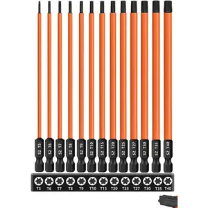 13-Piece 6 inch /150 mm Long Torx Bit Set for Impact Driver, S2 Steel Star Bit Set (T5-T40), 1/4'' Hex-Shank Magnetic Torx Screwdriver Bit, Torx Head Drill Bit Set with CNC Machined Tips