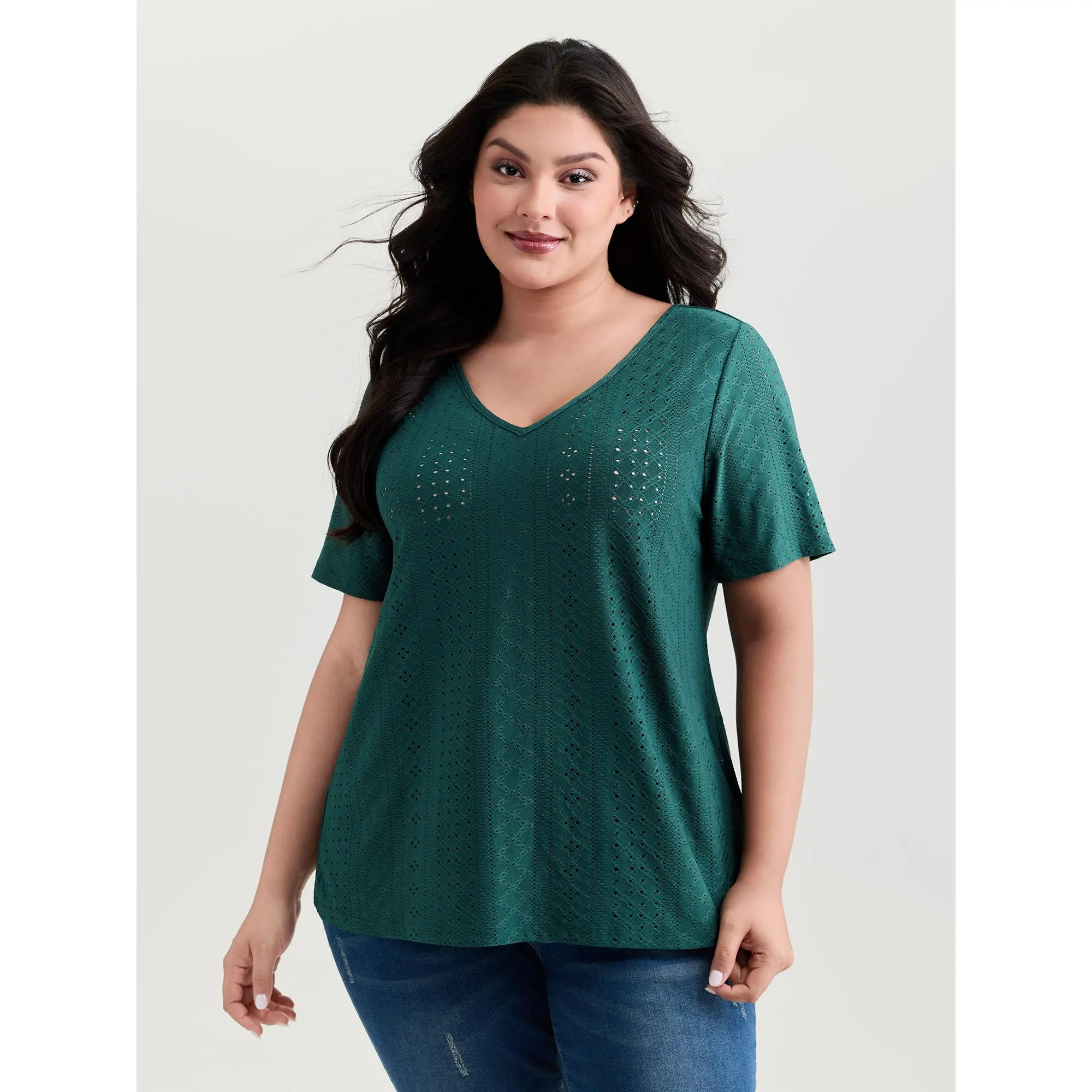 BloomChic Women's Plus Size Casual Fit Shortsleeve V-Neck T-shirt with Draped Texture, Cross Straps and Eyelet Trim, Low Iron Spandex Blend, Regular Sleeve, T-Shirt Top, Do Not Dry Clean, Hand Wash Only, Medium Stretch, Flat Dry, Plain, Normal Type, Garme