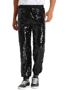 INSPIRE CHIC Sequin Pants for Men's Sparkly Disco Costume Elastic Waist Shiny Metallic Joggers