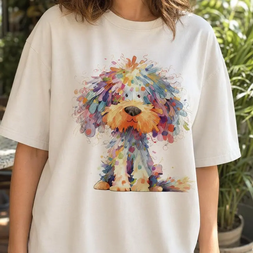 Colorful Watercolor Dog Graphic Tee Women Plus Size Cute Dog Mom Top