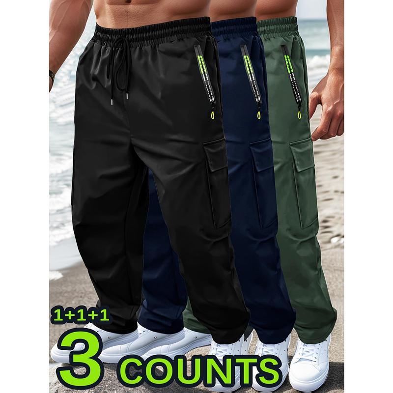 3pcs Men'S Casual Sports Cargo Pants - Drawstring Waist, Men's Sweatpants, Print Zip Pockets, Multiple Pockets, Lightweight for Spring & Summer, Ideal for Outdoor Running & Training, Casual Wear Pants | Cargo Style Pants | Lightweight Fabric