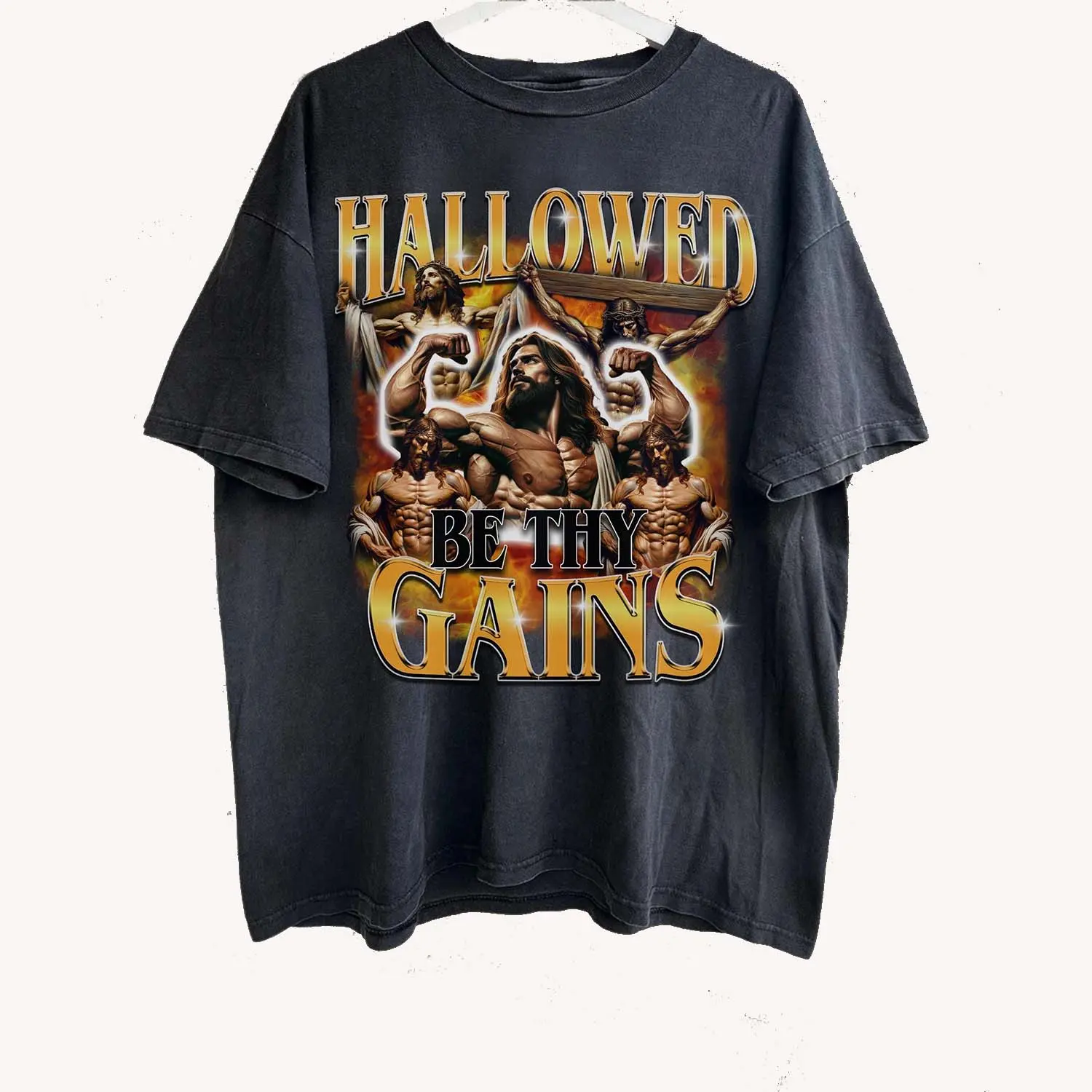 Hallowed Be Thy Gains Vintage 90s T-Shirt, Retro Graphic Pump Cover Shirt, Funny Jesus Shirt, Gym Meme Shirt, Oversized Bootleg Tee, Christian