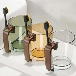 1pc /2pcs Luxury Geometric Pattern Plastic Rinse Cups for Couples, Wooden Handle, Bathroom Accessories, Home Decor, Couple's Toothbrush Holder Set