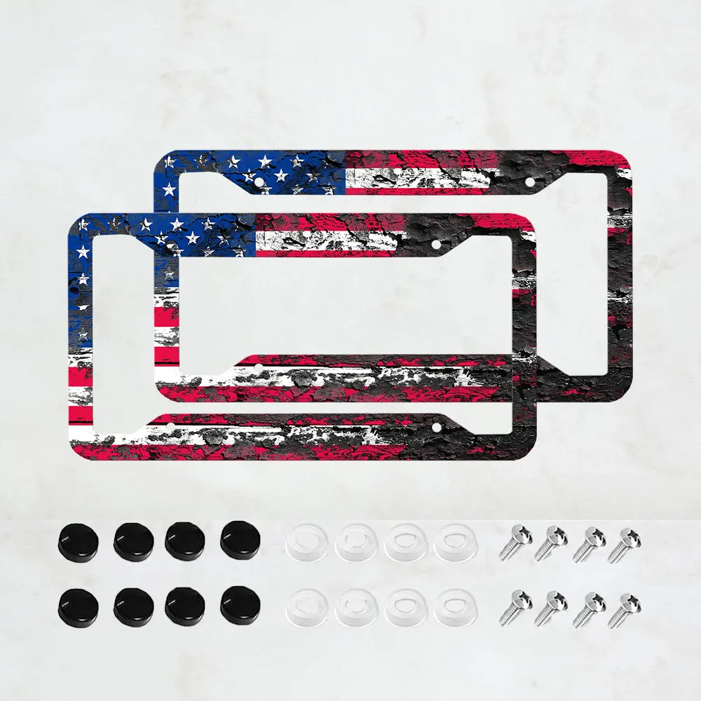 Classic American flag design license plate holder, perfect for Independence Day. This rust-resistant car accessory set includes two pieces, size 12inchx6inch, and comes with screws of the appropriate size
