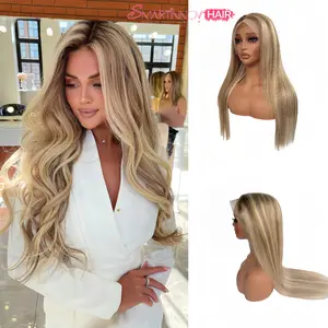 Platinum Blonde Highlight Root Balayage Human Hair Lace Front Wig 32 Inch |   13x4 HD Transparent Lace Glueless Pre-Plucked |   150% Density Curlable Silky Curly Wig