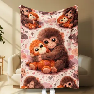 Cuddly Monkey Love Blanket, Cute Big-Eyed Baby Monkey Hugging Plush, Hearts Pattern, Super Soft Cozy Throw, Kids & Girlfriend Gift