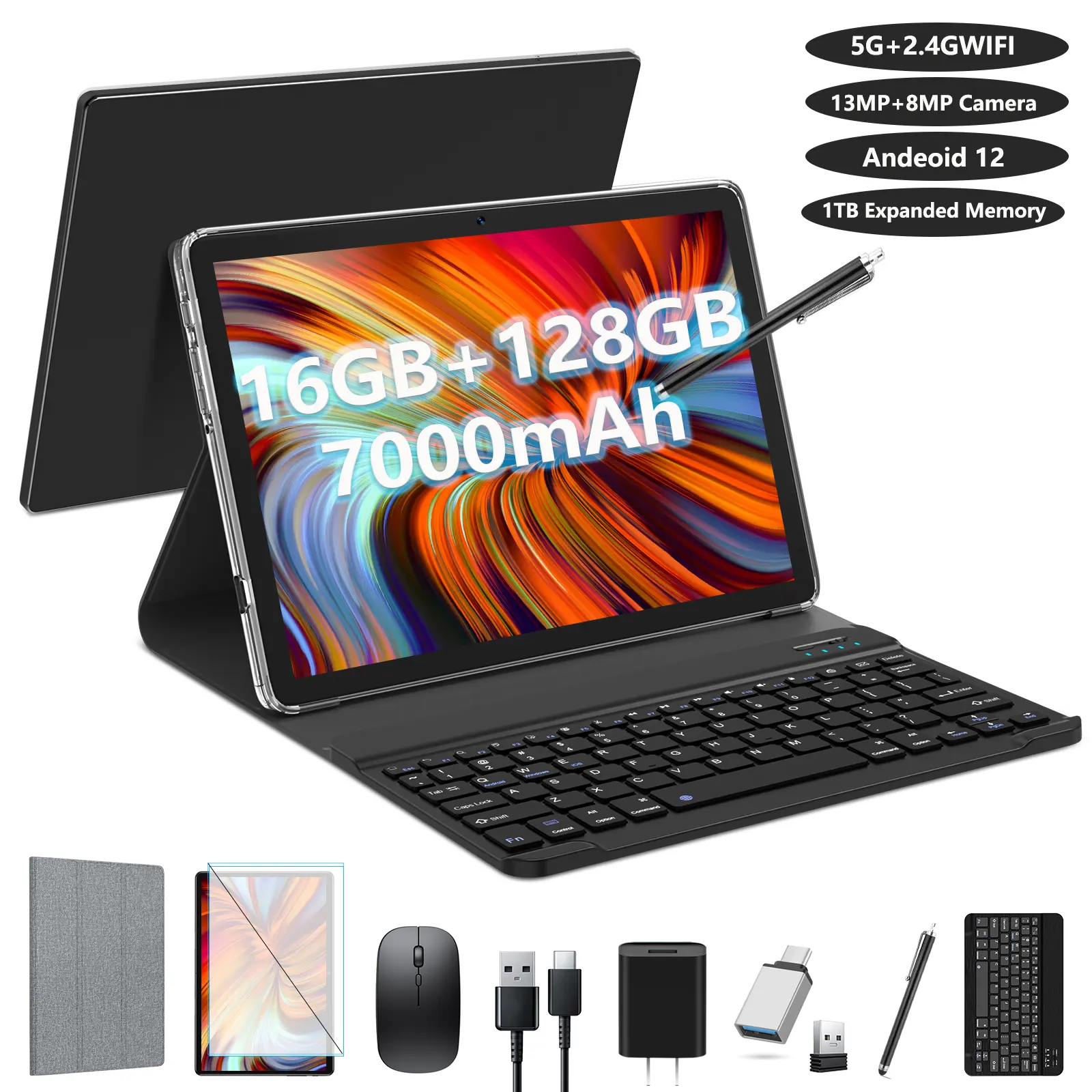 Android Tablet 2024 Newest Tablet 10 inch, Android Tablet with Keyboard,128GB ROM 16GB RAM TF1TB Expand,Octa-Core Tablet with 5GWiFi,1080FHD,13MP+8MPCamera,Bluetooth5.0,GPS,Mouse,Case,Black 10  inch