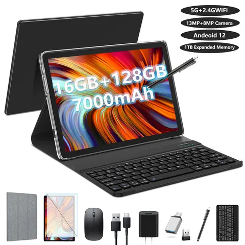 Android Tablet 2024 Newest Tablet 10 inch, Android Tablet with Keyboard,128GB ROM 16GB RAM TF1TB Expand,Octa-Core Tablet with 5GWiFi,1080FHD,13MP+8MPCamera,Bluetooth5.0,GPS,Mouse,Case,Black 10 inch