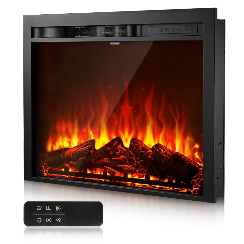VEVOR 35-in Heat-Safe Electric Fireplace Insert - Recessed Fit/Wall-Mounted Indoor Heater, Wireless Remote, Auto Adjustable Flame Color & Brightness, 8h Timer, 750W/1500W Modes, 5000BTU, 400 sq ft Coverage, Heat & Light, Black Glass (Father's Day Gift)