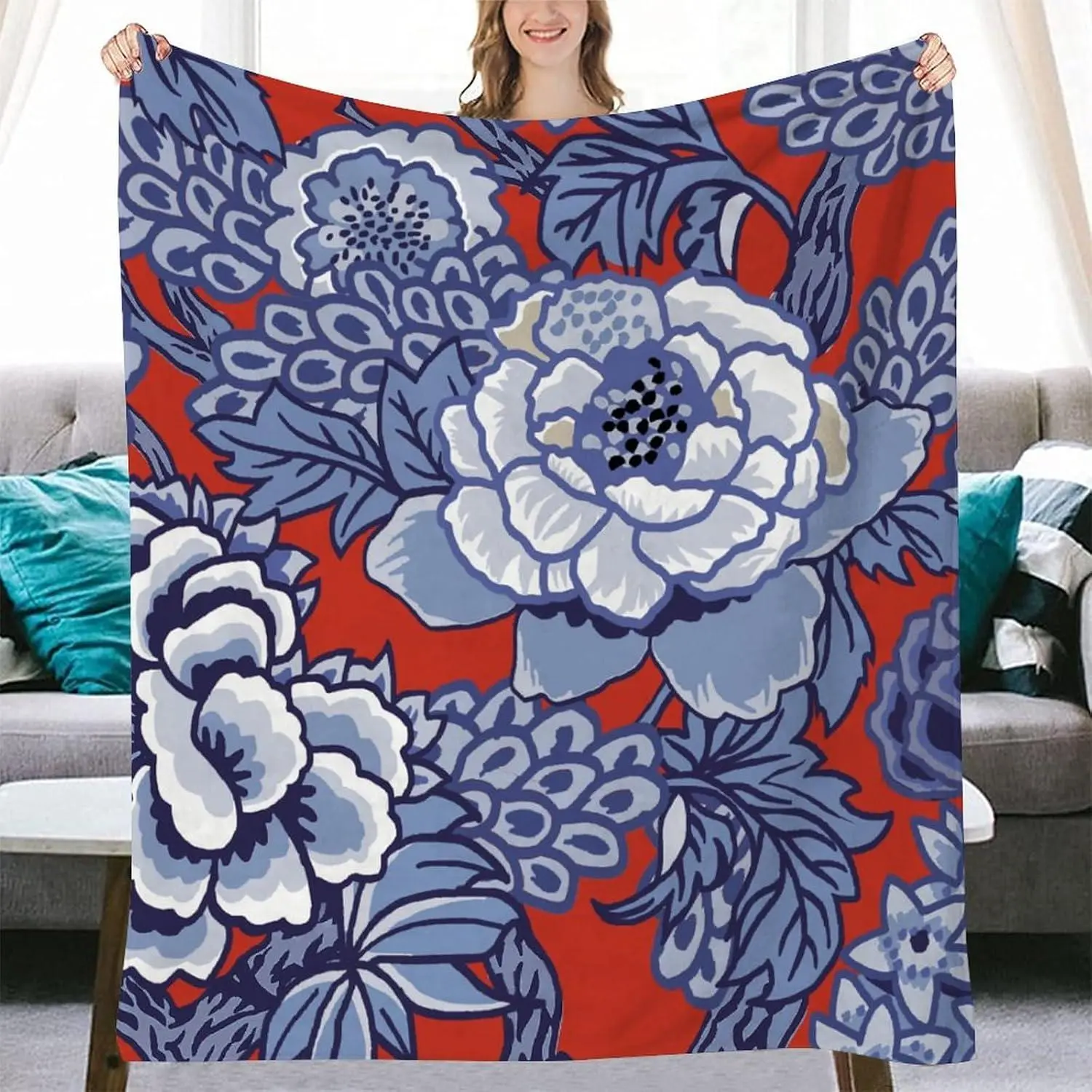 Red and Blue Peony Floral Decorative Flannel Fleece Blanket Chinoiserie Asian Soft Throw Lightweight Air Conditioning Blankets Warmth for Couch Bed Sofa Chair Travelling 30x40