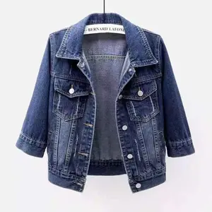 Women Autumn 3/4 Sleeve Vintage Cropped Denim Jacket Light Blue Jean Coat