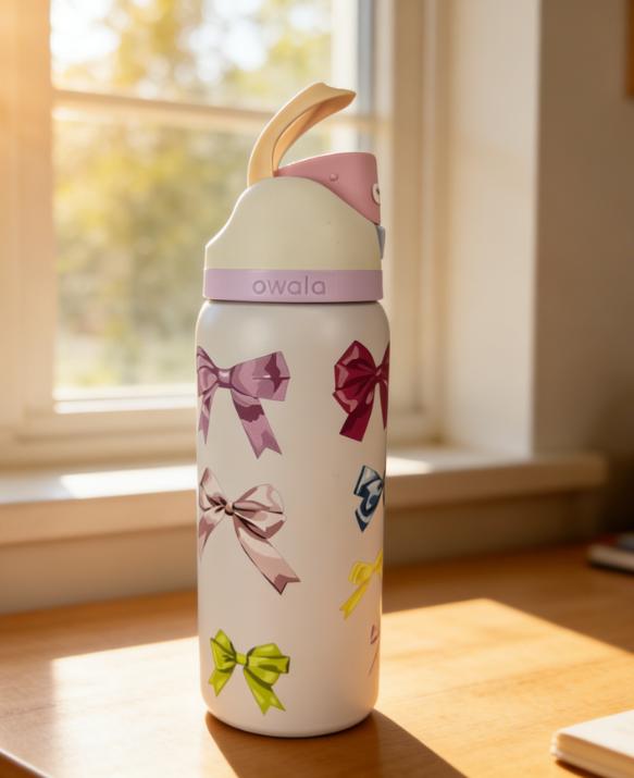 Coquette Bow Print Owala FreeSip Water Bottle - 32oz Insulated Stainless Steel, Leak-Proof Straw Lid for School, Gym & Everyday Hydration Drinkware Flasks Bottled Portable Tumbler Mug
