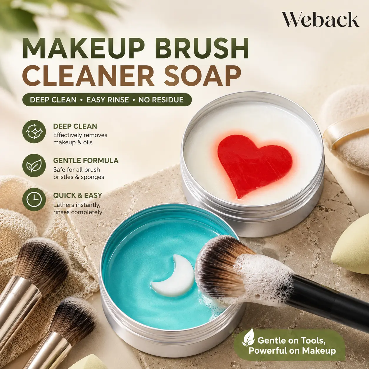 Weback Anti-Acne Solid Makeup Brush Cleaner Soap with Silicone Scrubber Mat, Deep Cleansing Balm for Makeup Sponges, Blenders, Powder Puffs, Foundation Brushes, Gentle Formula Daily Wash Cleanser Pot for Acne-Prone Skin