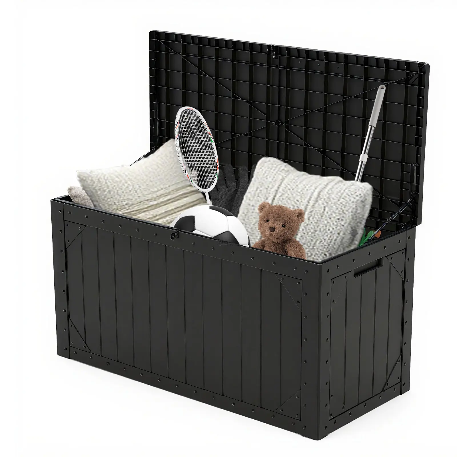 100/260 gallon large outdoor storage deck box is waterproof. It comes with a lockable storage bench and is suitable for patios, pool supplies, gardening tools, pillows. It is easy to assemble.