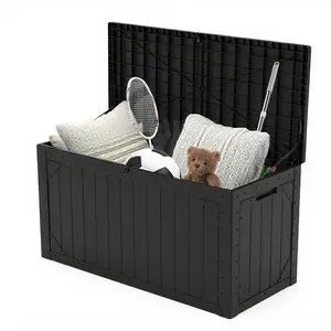 100/260 gallon large outdoor storage deck box is waterproof. It comes with a lockable storage bench and is suitable for patios, pool supplies, gardening tools, pillows. It is easy to assemble.