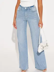 Women's Glam Rhinestone Straight Leg Jeans High Stretch Night Out Denim Light Wash 5 Pocket High Rise 33" Inseam Comfortable Versatile - Fit, Fabric