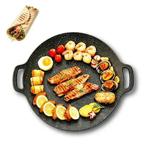 Portable Korean BBQ Grill Pan - Die-Cast Alum. Ridged Texture Low-Smoke Nonstick Kitchen Accessory for Pork, Couples, Friends, Hiking, with Handles, Works with Gas, Induction & Camping Stoves, Easy to Clean (Requires External Heat Source)
