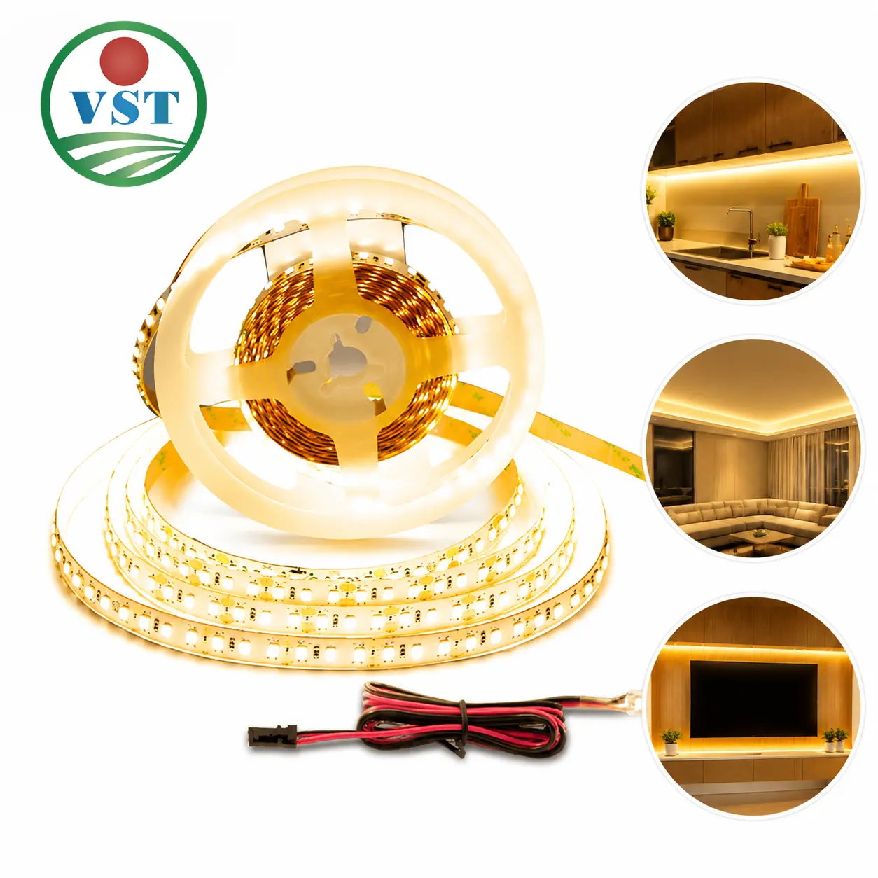 VST LED Lighting Kit – Flexible LED Strip (Warm White 2700K, 12V, FPC Flexible Strip); suitable for kitchen cabinet, shelf, and retail display case lighting, as well as office décor; power adapter not included.