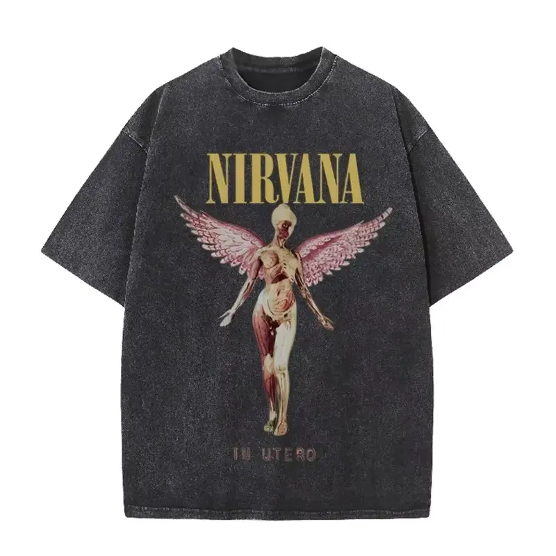 Nirvana Angel In Utero Print Vintage Washed T Shirt Rock Band Casual Top