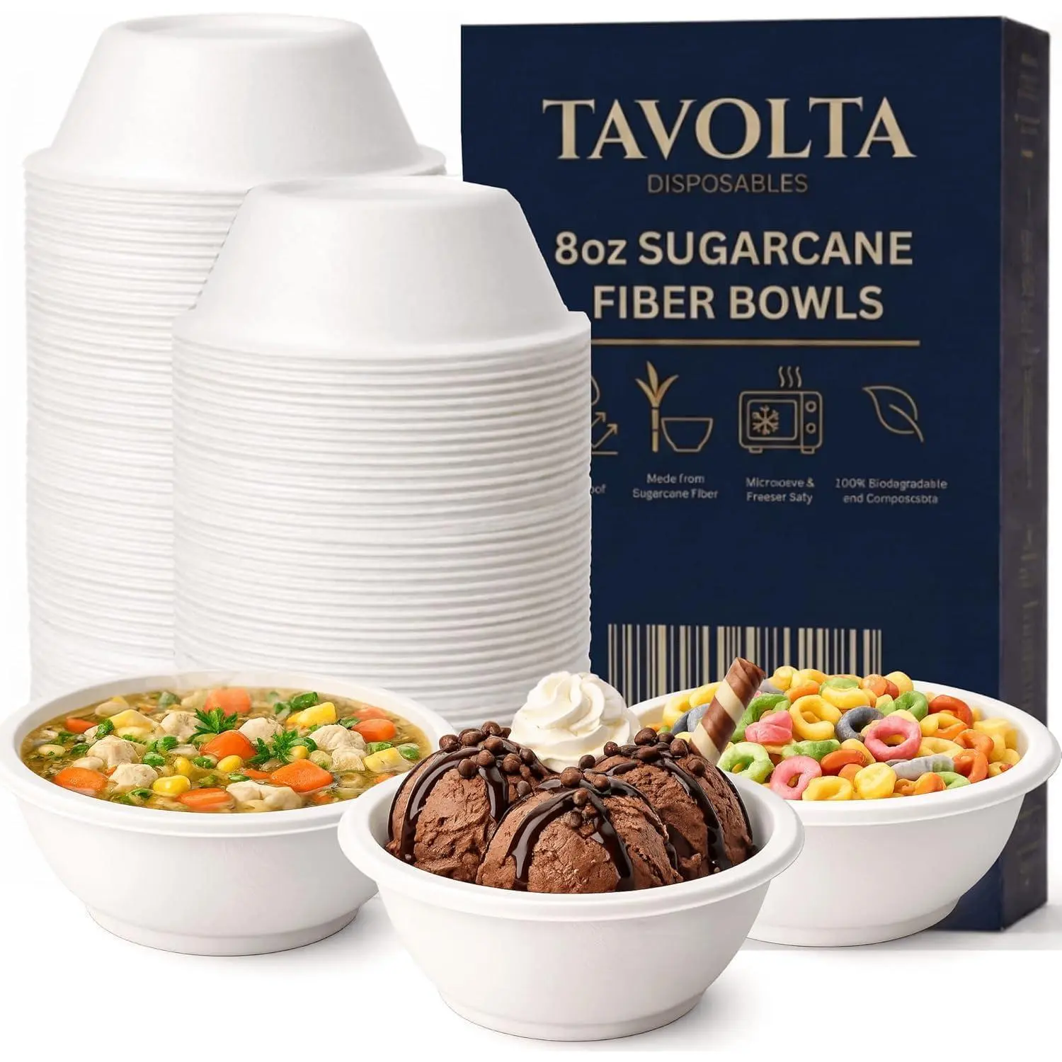 8oz Compostable Paper Bowls - Heavy-Duty Disposable Bagasse Bowls, Biodegradable Eco-Friendly Party Disposable Tableware, Microwave-Safe, Heat-Resistant for Soup, Salad