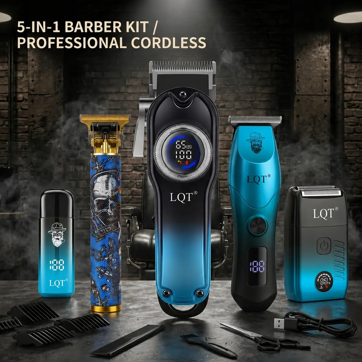 LQT 5-in-1 Professional Hair Clipper  Set for Men, Barber Kit with T-Trimmer, Detail Trimmer, Shaver, Nose Hair Trimmer, Cordless LED Display, USB Rechargeable, salon at home Grooming Kit, Gift Hair Cutting Kit campingessentials