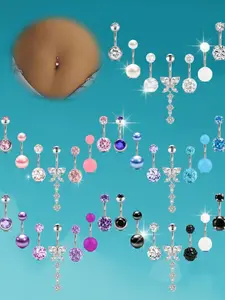 Women Stainless Steel Cz Belly Button Ring Set, Belly Button Piercing, Elegant Butterfly Dangle Design, Perfect Gift for Women & Girls, All Season Jewelry, Fashion Body Jewelry