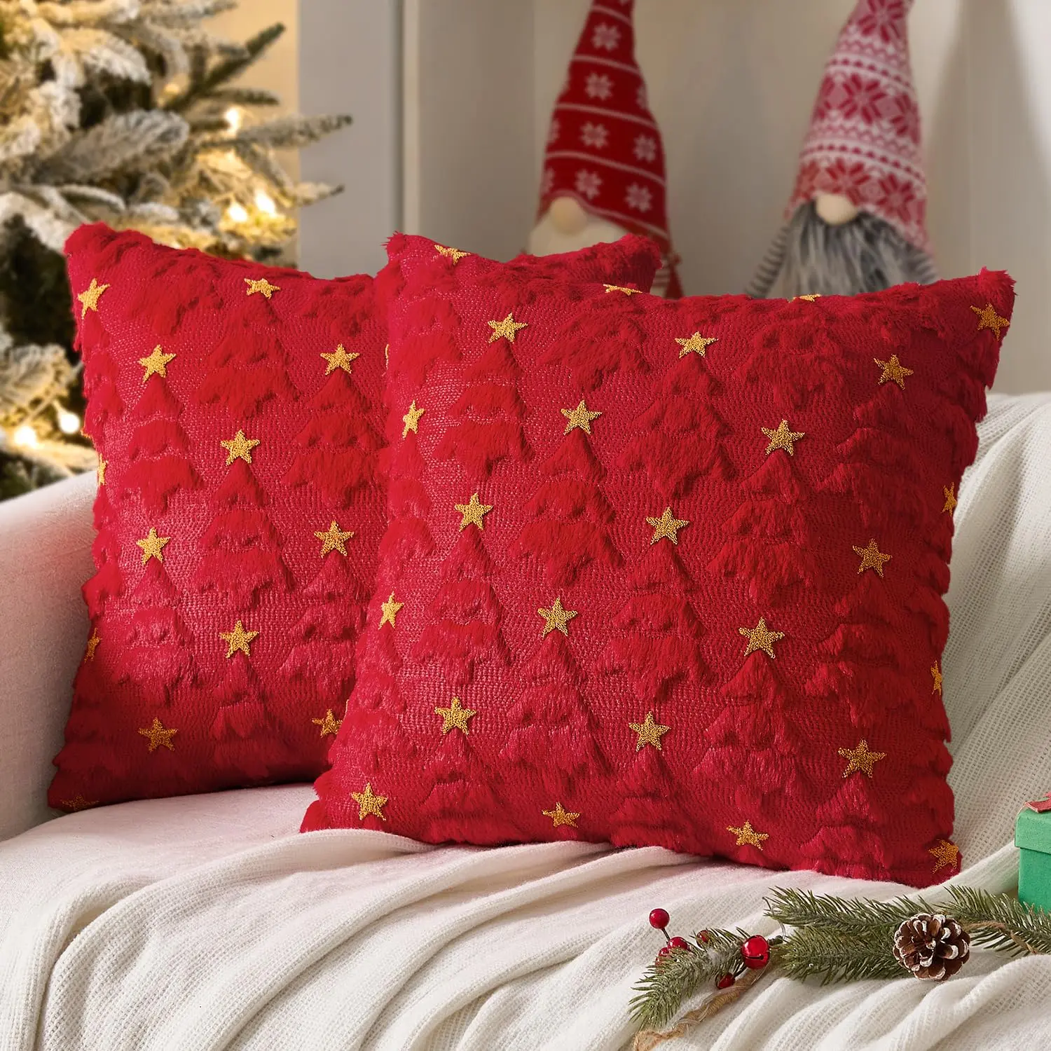 Christmas Pillow Covers, 18x18 in Set of 2 Green Velvet Plush Nylon Pillowcases with 3D Christmas Tree Design & Hidden Zipper, Soft Decorative Throw Cases for Couch, Winter Holiday Decor DIY Supplies, Custom Craft