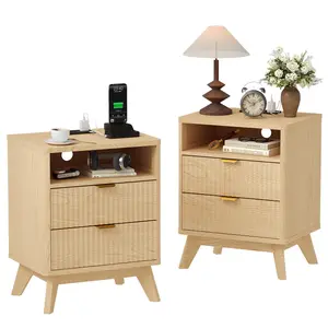 Modern Fluted Bedside Tables Set of 2 with USB Charging Station & Electrical Outlets – 2 Drawers & Open Shelf – Sturdy Wood Legs – Bedside Tables for Bedroom, Living Room – Accent Furniture