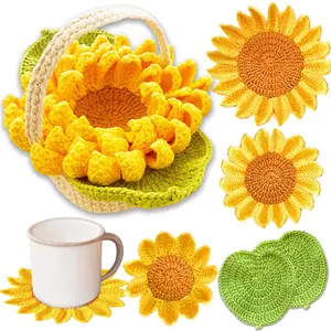 Handmade Crochet Sunflower Coasters: Yarn Decorative Coasters, Set of 5 Tableware Cover