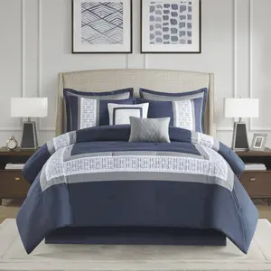 Powell Cozy Comforter Set 8 Piece Hotel Style with Geometric Embroidery Details, Matching Sham & Decorative Pillow, Bedskirt