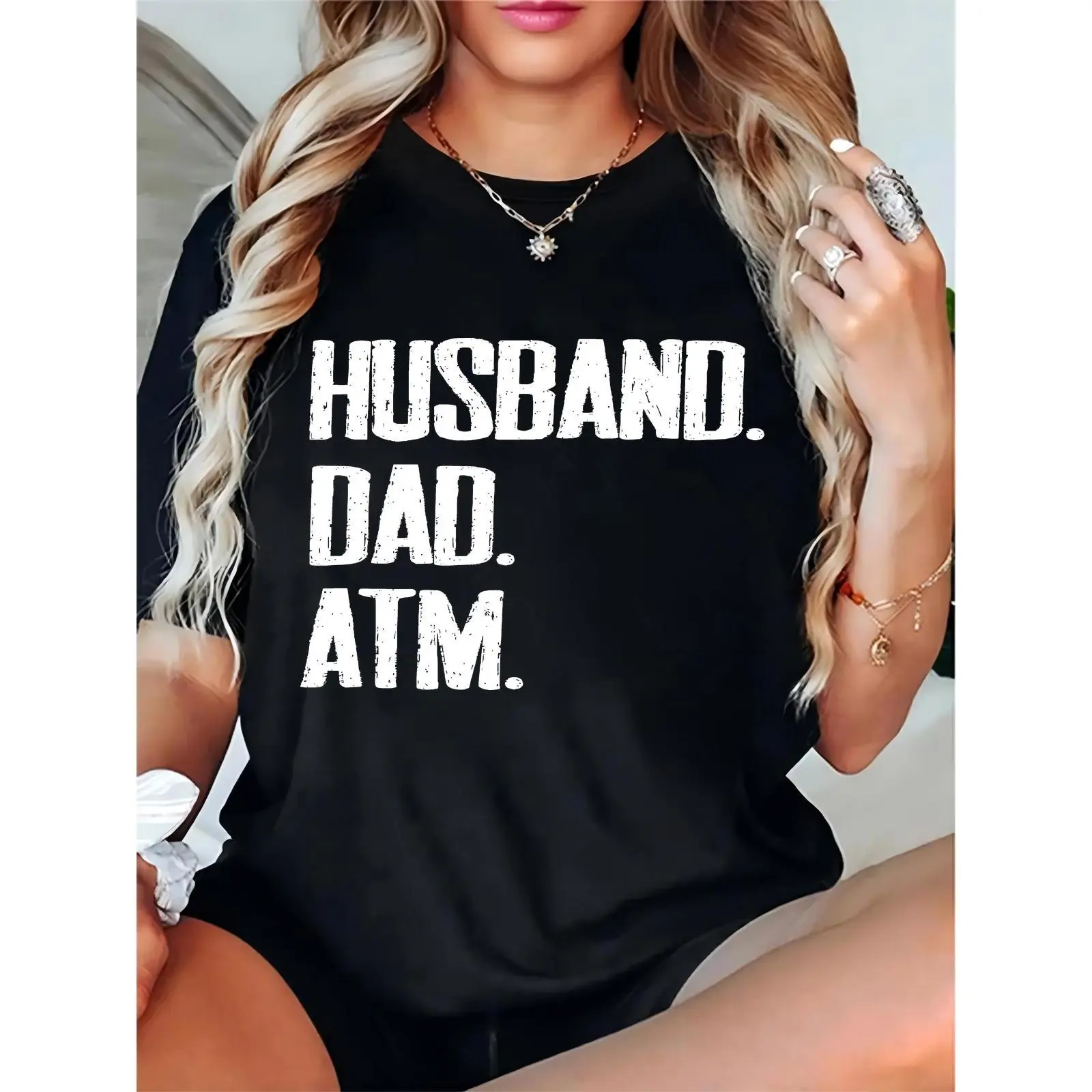 Men’s Casual Black T - Shirt with ‘HUSBAND. DAD. ATM.’ Bold Distressed Text, Perfect for Father’s Day, Daily Wear, Family Outings, Great Gift for Dads & Husbands