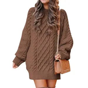 Women Long Sleeve Crewneck Oversized Cable Knit Chunky Baggy Loose Pullover Tunic Minimalist Sweater Dress For Women 2025 Trendy Winter Outfits